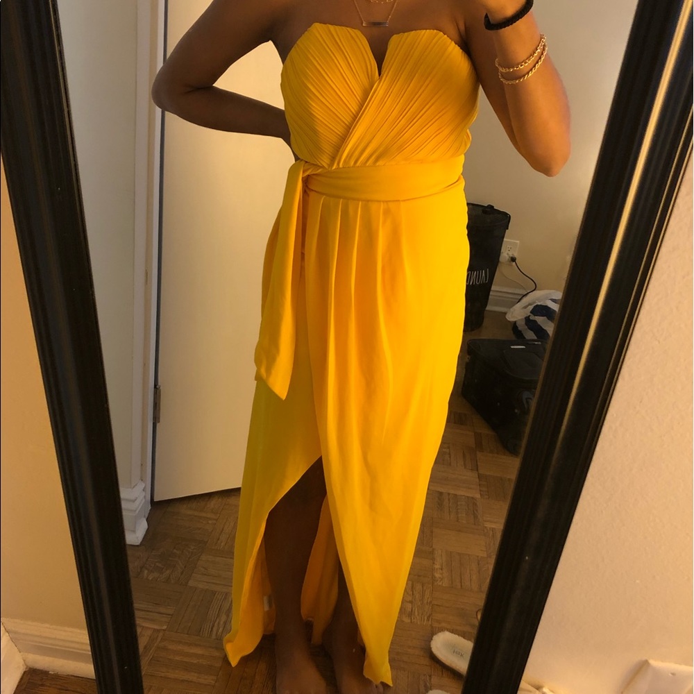 Strapless yellow maxi dress